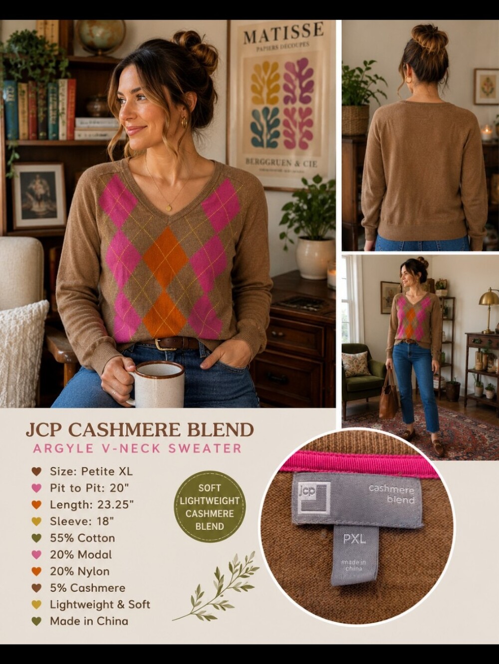 JCP Cashmere Blend Argyle V-Neck Sweater Petite XL